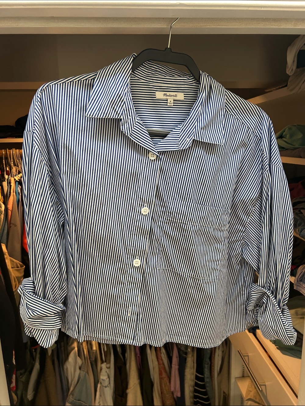 Madewell Men's Navy and White Vertical Stripe Button-Down Shirt